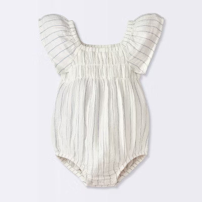 Baby Girls' Striped Puff Sleeve Romper - Cloud Island™ Cream | Target