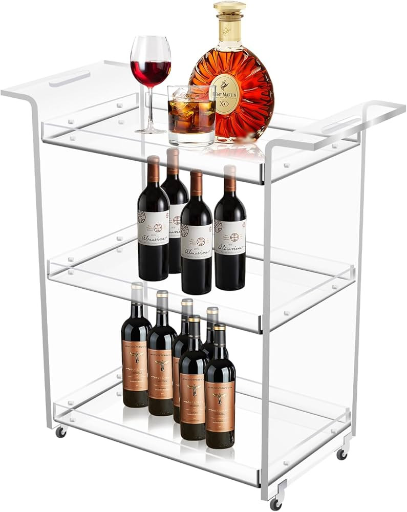 Acrylic Bar Cart, 3-Tier Rolling Bar Cart with Wheels, Home Bar & Serving Carts, Narrow Bar Cart ... | Amazon (US)