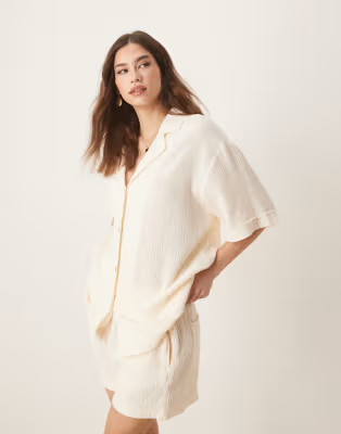 ASOS DESIGN cheesecloth shirt and pull on short set in cream | ASOS (Global)