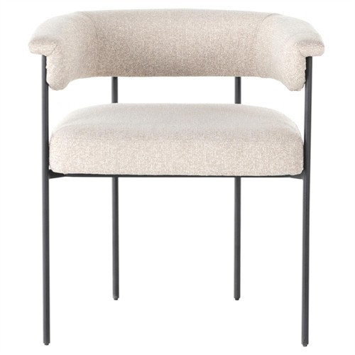 Open Box Penelope Off White Upholstered Black Iron Barrel Dining Arm Chair | Kathy Kuo Home