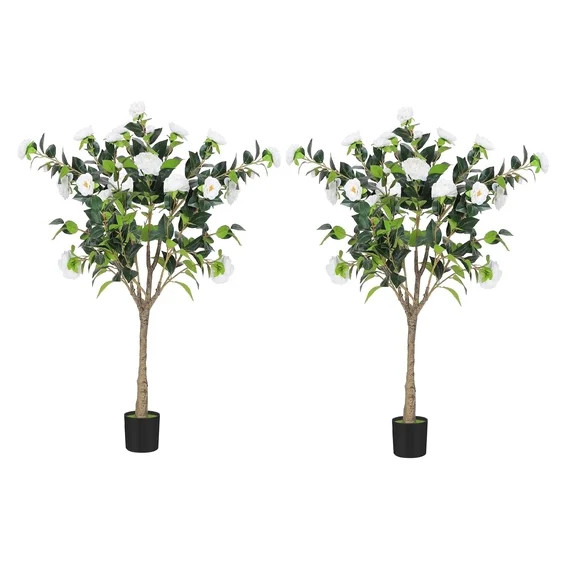 2 Pack 4FT Artificial Camellia Flowers Tree, Fake Camellia Plant Potted with Faux Greenery Leaves... | Walmart (US)