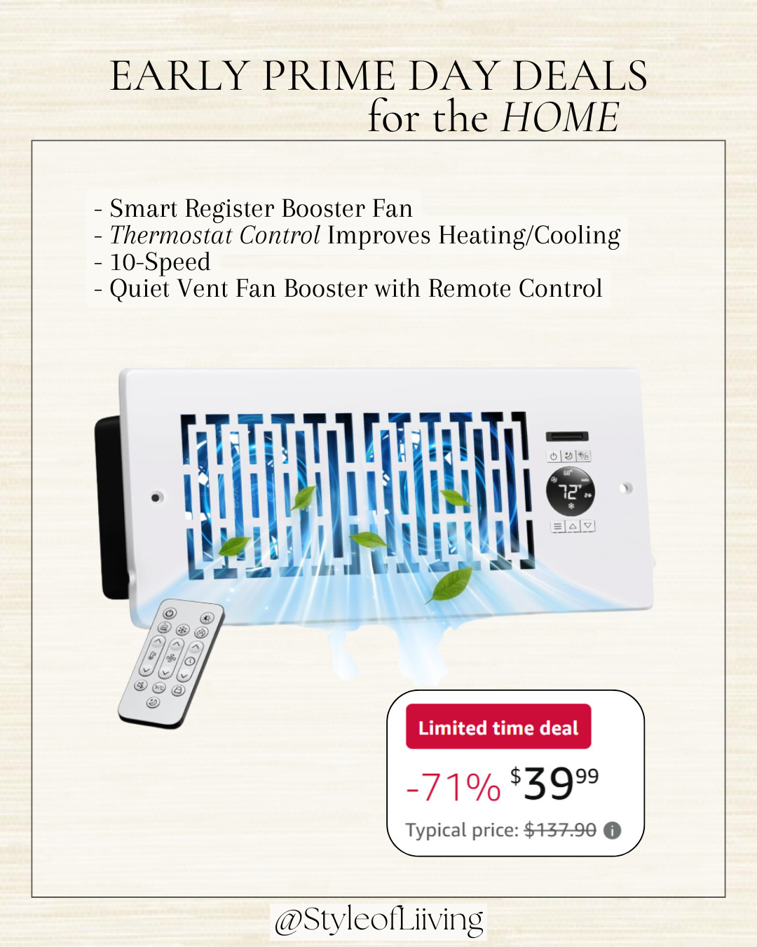 Early Prime Day Deals for the home! Smart register booster fan, thermostat control improves heating and cooling, 10 speed, quiet vent fan booster with remote control. Limited time deal, 71% off. #thermostatcontrol #fan #vent #amazonhome #primeday #amazondeals #smarthome 

 #LTKmomlife #LTKHome #LTKSaleAlert