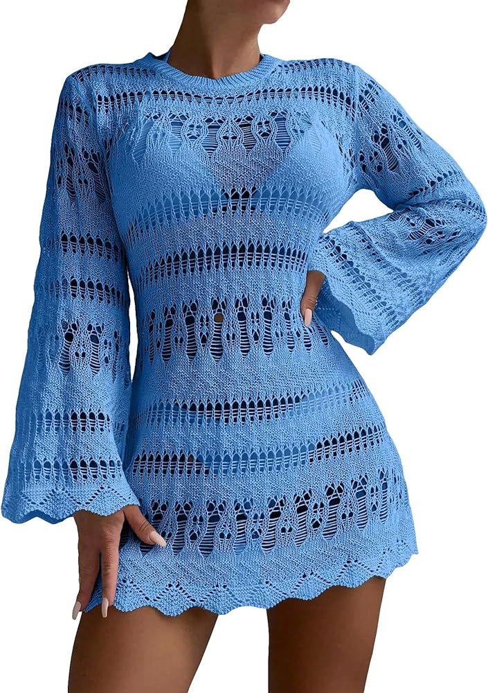 Verdusa Women's Hollow Out Crochet Sheer Long Sleeve Swimsuit Dress Beach Cover Up | Amazon (US)