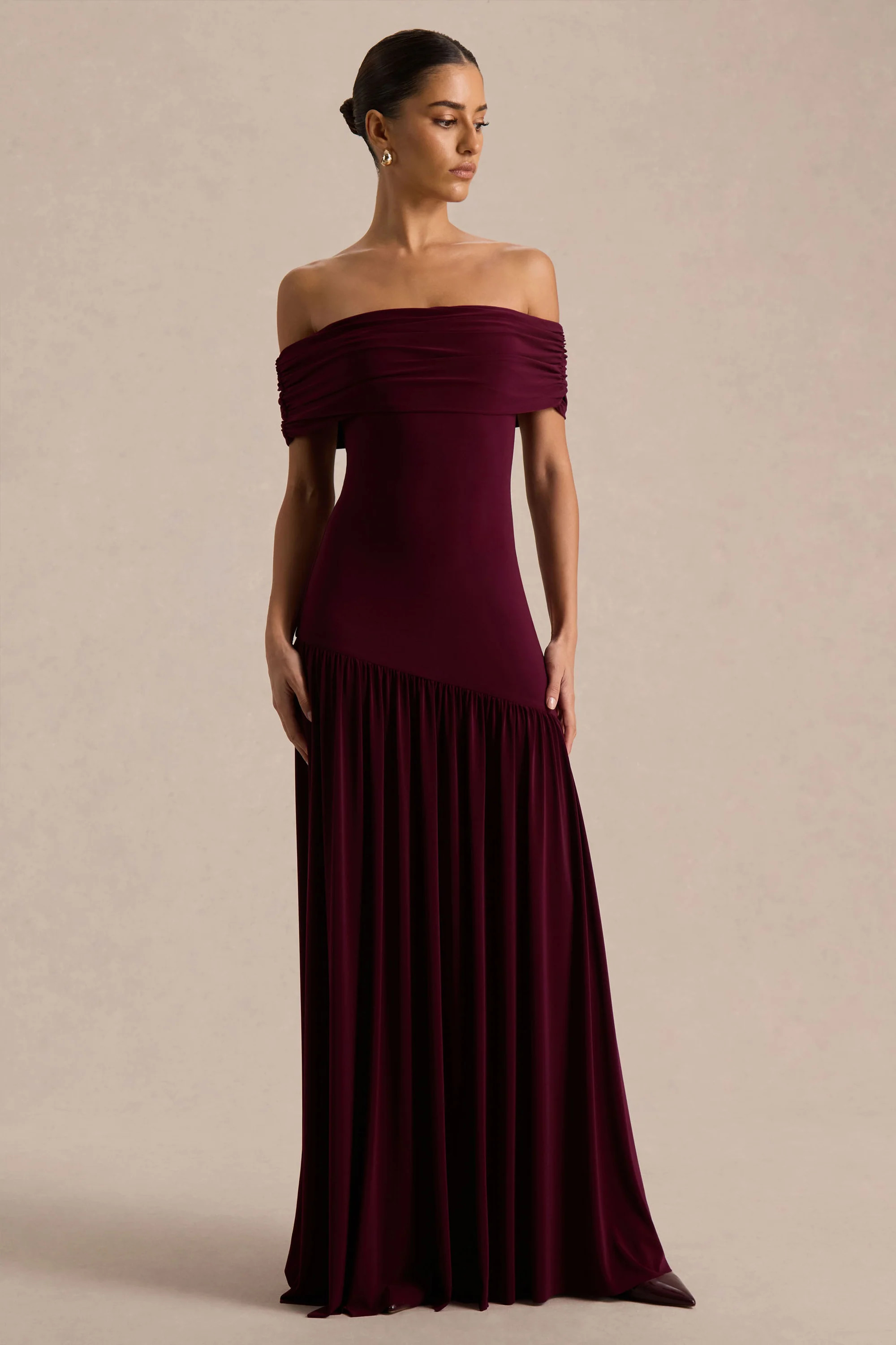 Venezia  Burgundy Bardot Maxi Dress With Drop-Waist | Club L London