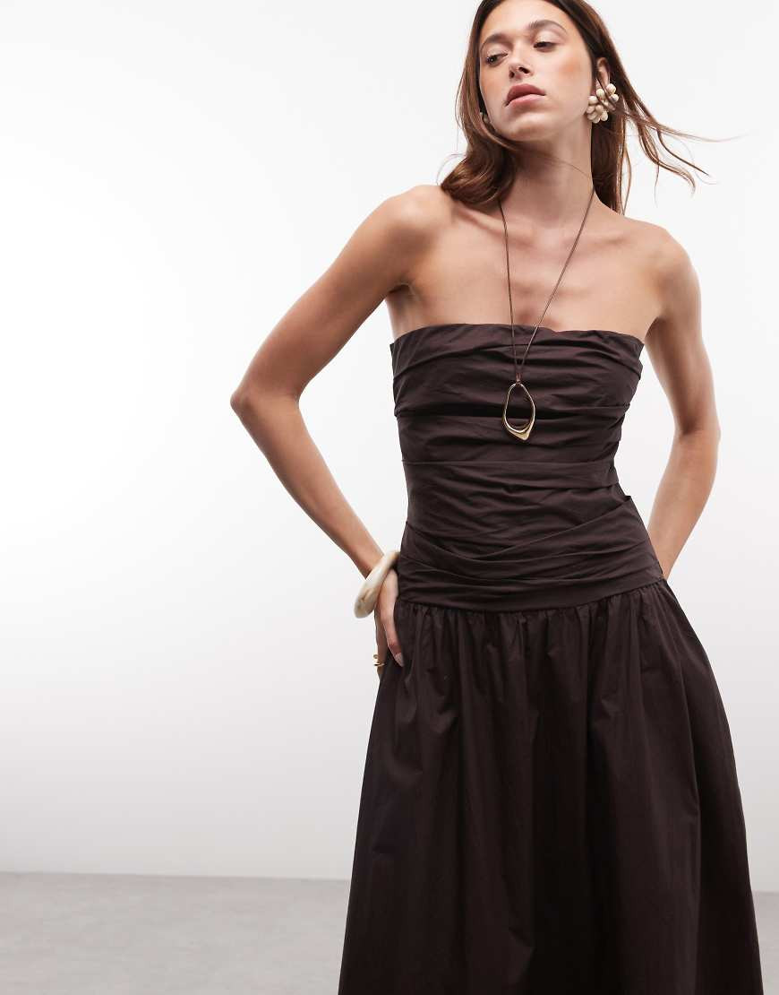 GAP drop waist bandeau maxi dress in brown | ASOS (Global)