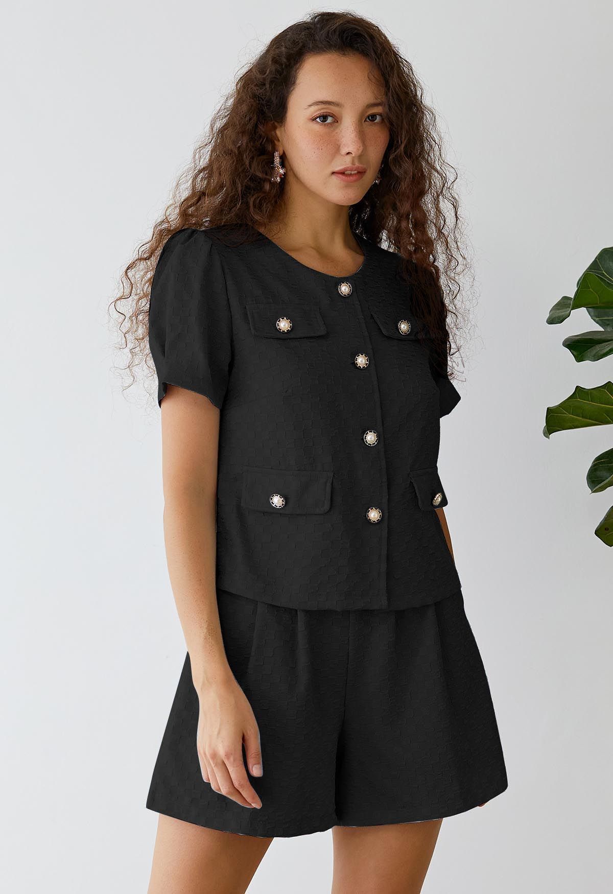Fake Flap Pockets Button Down Top and Shorts Set in Black | Chicwish