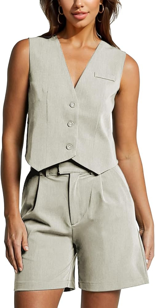 Sleeveless Blazers for Women Waistcoat Button up Cropped Vest V Neck Asymmetrical Hem Suit Jacket... | Amazon (US)