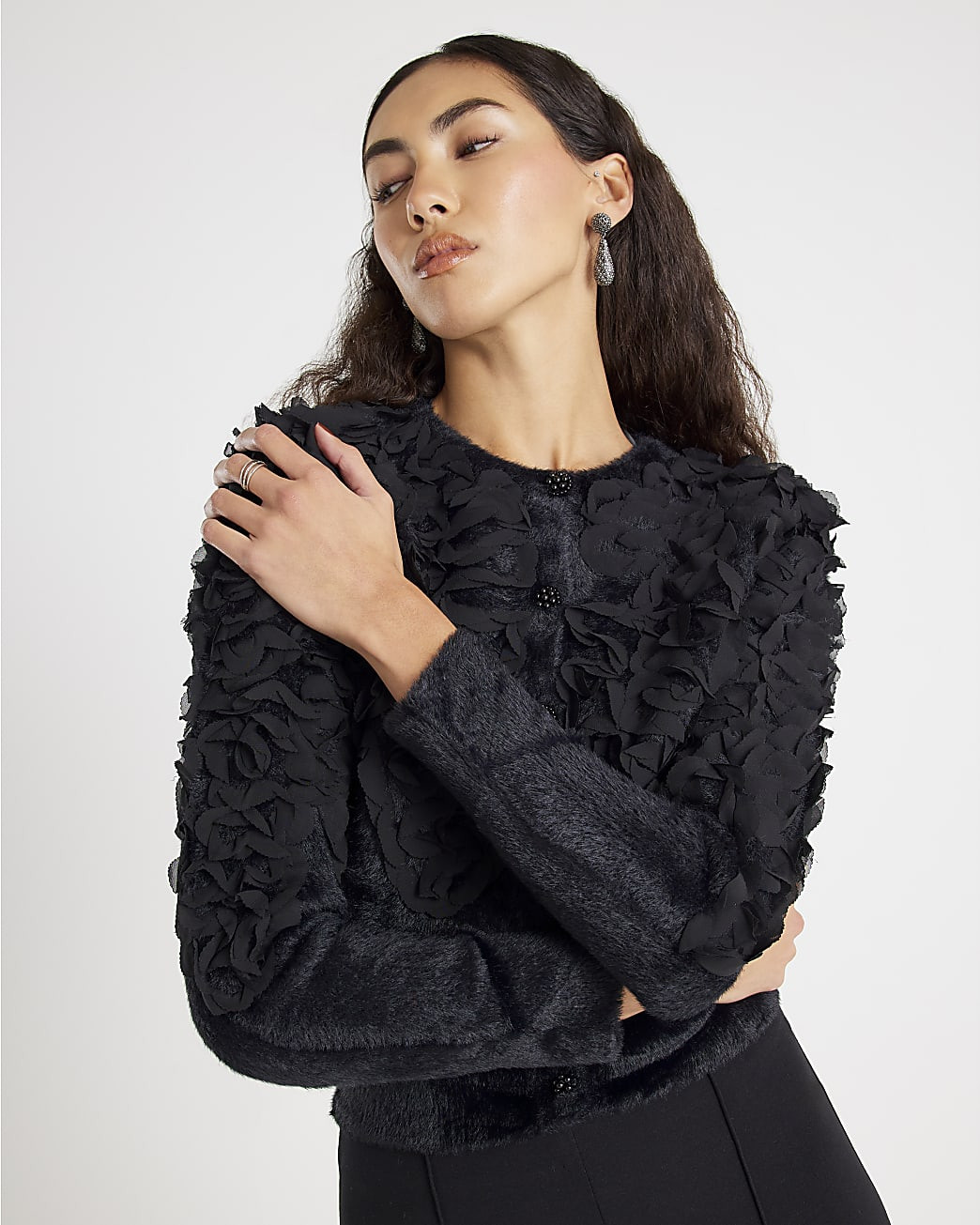 Black 3D Chiffon Cardigan | River Island UK & IE