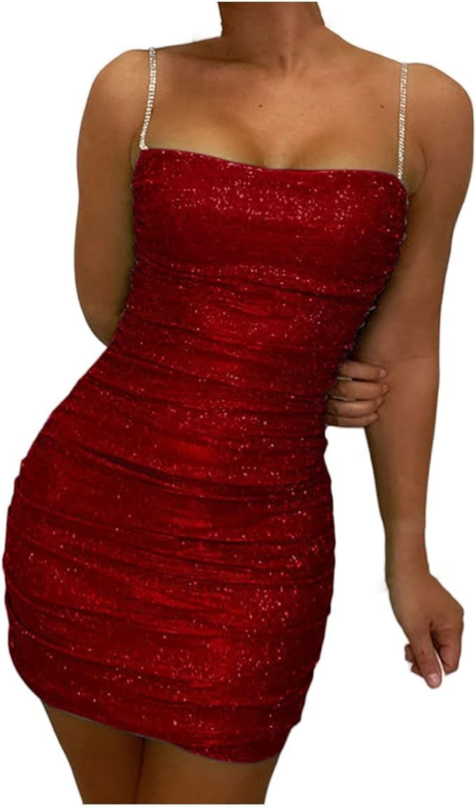 SKDOGDT Women Sexy Glitter Sleeveless Spagetti Straps Ruched Bodycon Mini Club Party Dresss Trend... | Amazon (US)