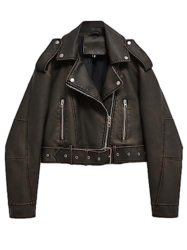LY VAREY LIN Women Faux Leather Cropped Jacket Lapel Zipper Biker Short Coat with Belt | Amazon (US)