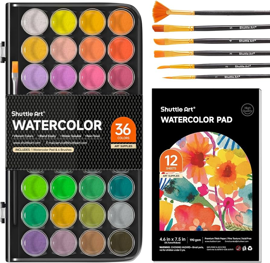 Shuttle Art 43 Pack Watercolor Paint Set, 36 Colors Watercolor Paint Pan Set with 6 Brushes and 1... | Amazon (US)