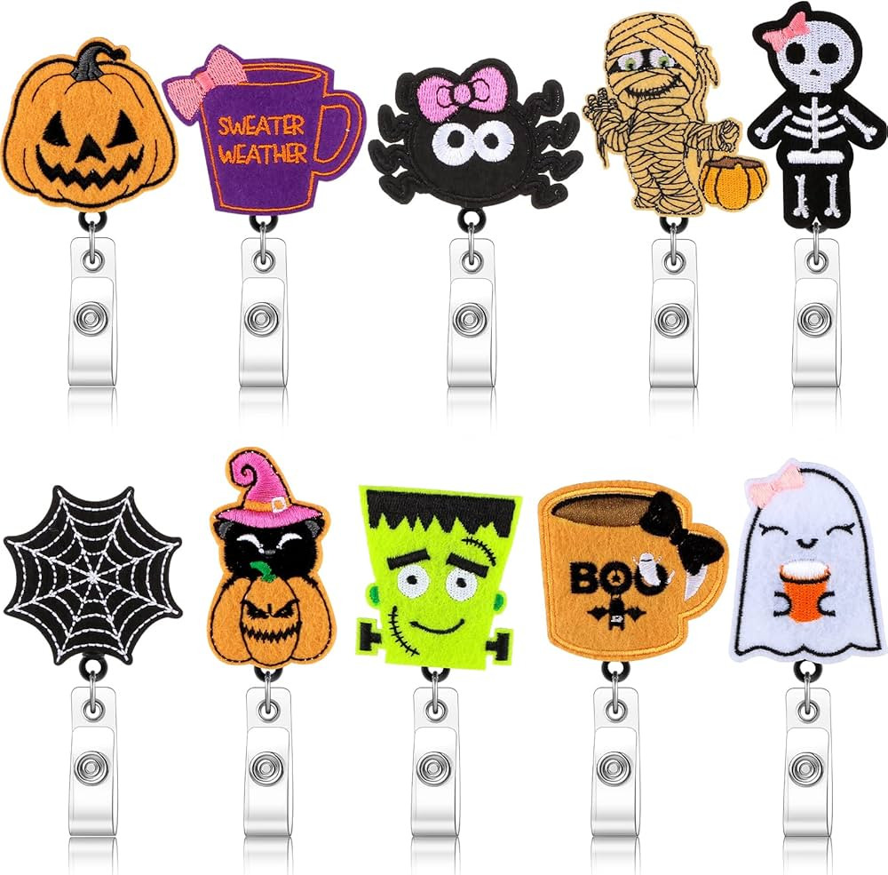 10 Pcs Halloween Holiday Badge Reels for Nurses Badge Holder Pumpkin Spider Web Ghost Skull Spide... | Amazon (US)