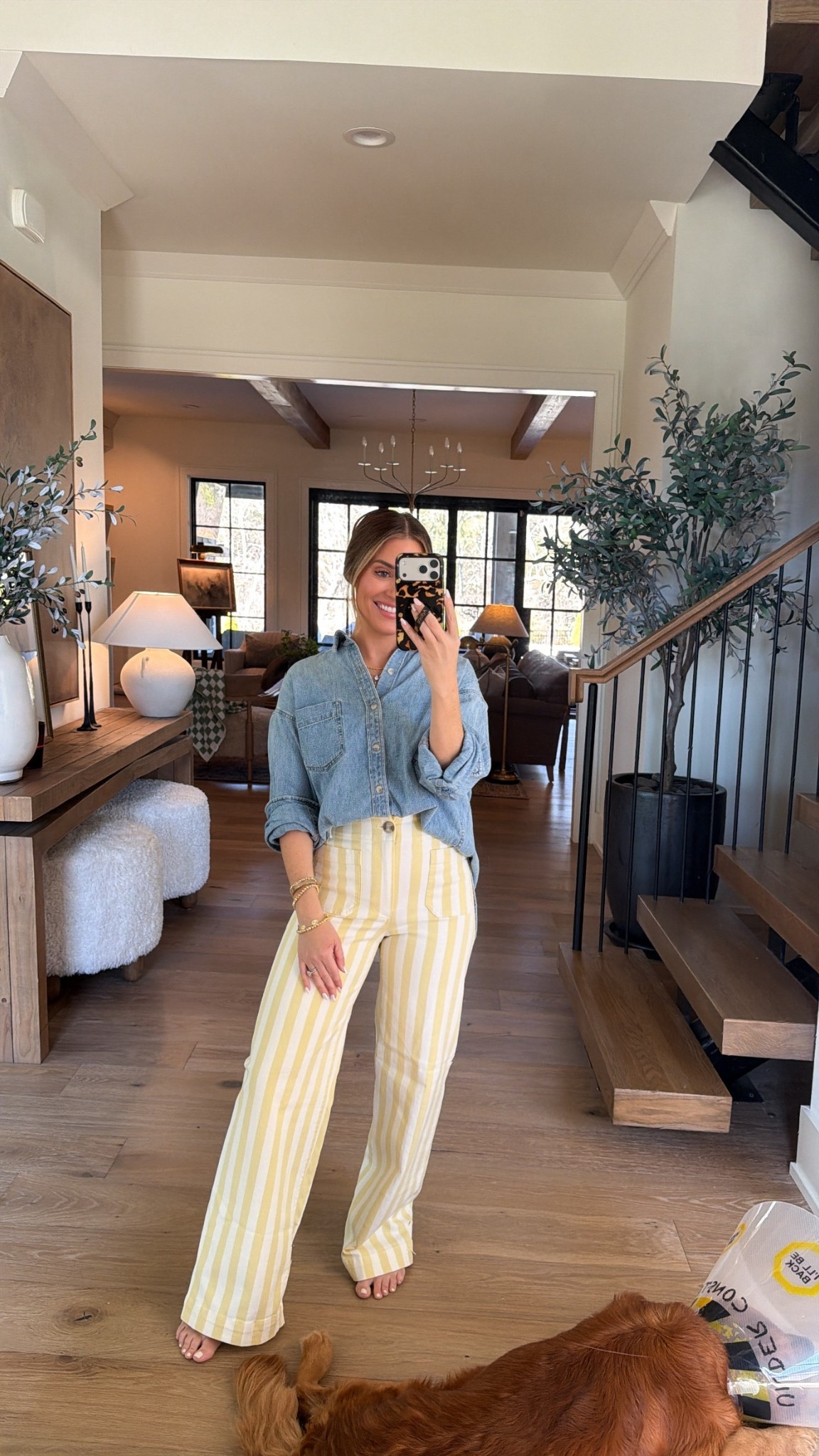 Wearing a 26 regular in these fun yellow striped pants- got them last week when I went shopping at Anthropologie! Such a fun statement look for spring! I paired it with this denim button down I already had from Aritzia too- wearing size xs in the top! 