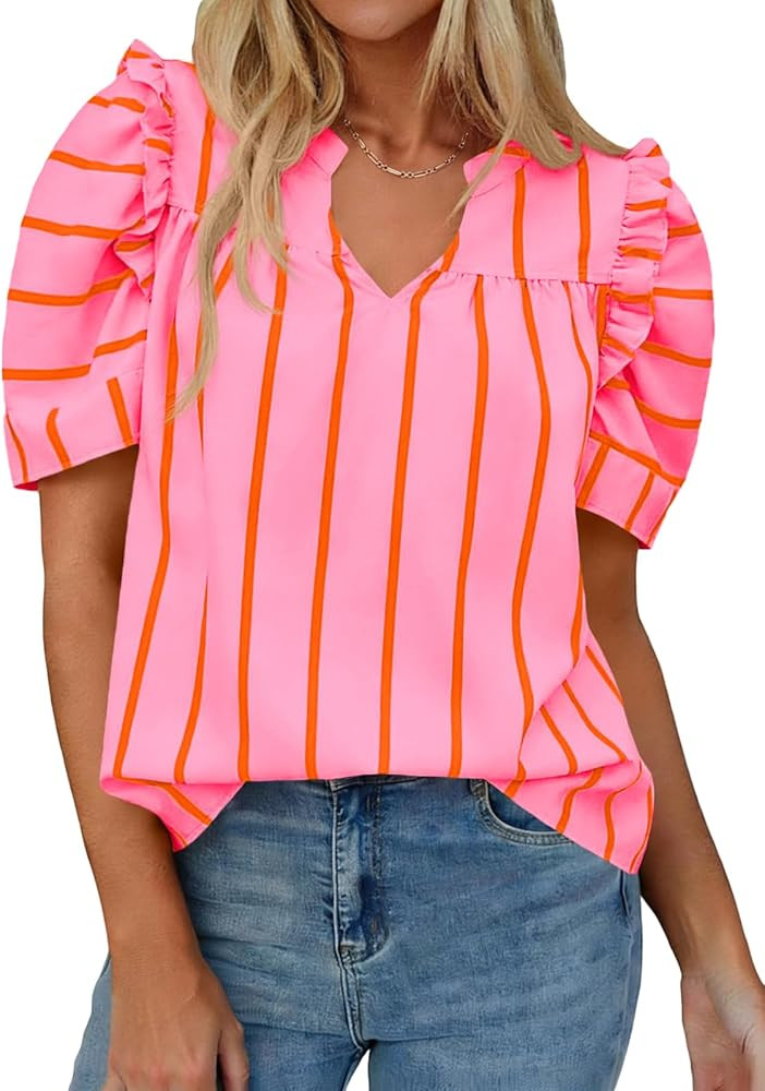 Tankaneo Womens Puff Sleeve Striped Blouses Dressy Casual V Neck Shirts Summer Trendy Loose Fit T... | Amazon (US)