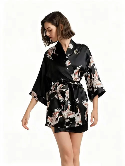 SILKSILKY 19Momme Pure Silk Printed Short Kimono Robe in Black at Nordstrom, Size Small | Nordstrom