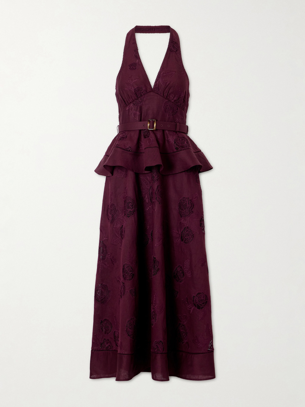 Self-Portrait - Belted Broderie Anglaise-trimmed Linen And Cotton-blend Peplum Midi Dress - Burgundy | NET-A-PORTER (US)