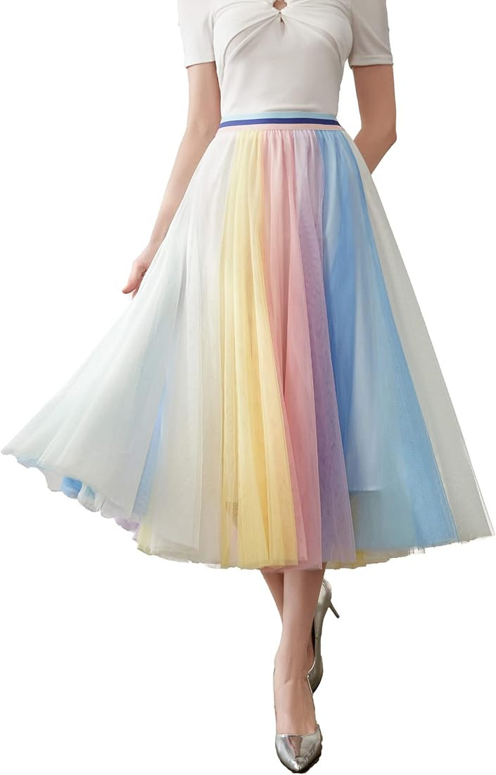 Women Pleated Long Tulle Skirt High Elastic Waist Swing Casual Midi Skirt | Amazon (US)