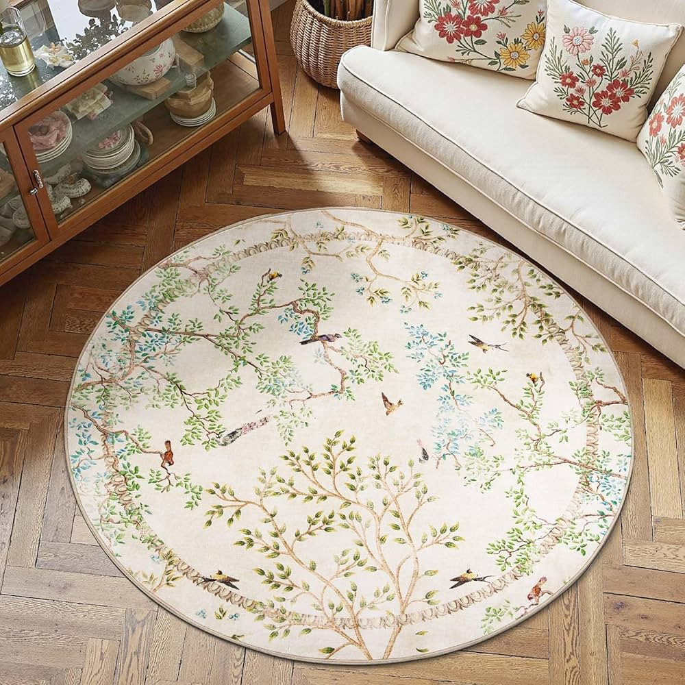 jinchan Round Rugs 6ft Ivory Botanical Birds Print,Machine Washable 6' Circle Nature Plants Moder... | Amazon (US)