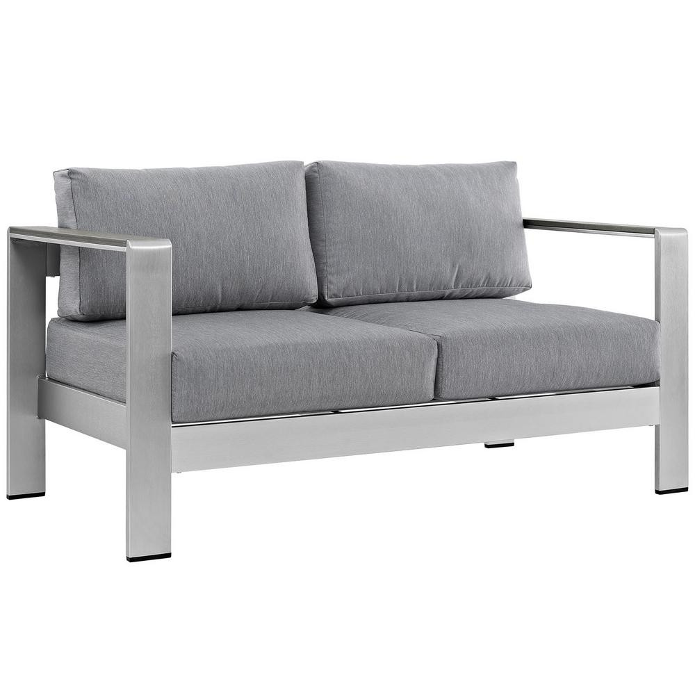 MODWAY Shore Aluminum Patio Outdoor Loveseat in Silver with Gray Cushions | The Home Depot