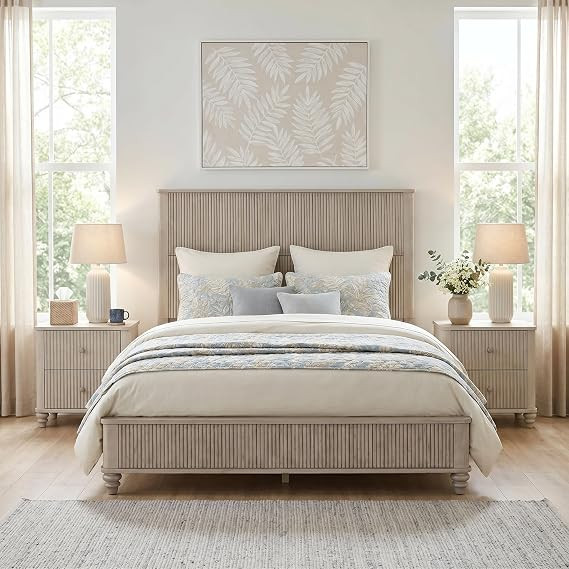 54" Tall Headboard Queen Size Solid Rubberwood Bed Frame with Fluted Design, 800 LBS Weight Capac... | Amazon (US)