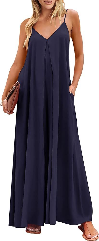 ANRABESS Jumpsuits for Women Summer Loose Boho Romper Beach Wide Leg V Neck Sleeveless Outfits 20... | Amazon (US)