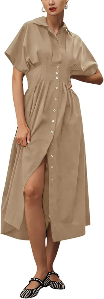Yeokou Shirt Dress for Women Summer Casual Short Sleeve Button Down Loose Pleated Maxi Sundress w... | Amazon (US)