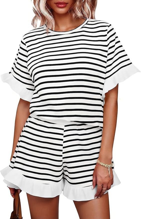 Tankaneo Womens 2 Piece Striped Shorts Set Ruffle Short Sleeve Tops Hight Waist Shorts Matching S... | Amazon (US)
