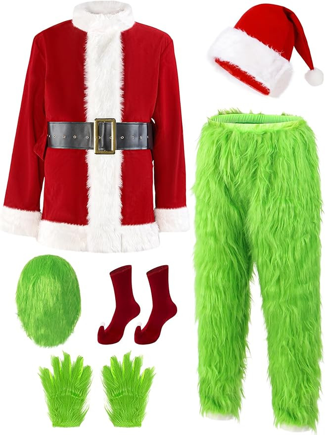 Christmas Green Big Monster Santa Costume for Men 7 PCS Deluxe Furry Adult Santa Suit Xmas Holida... | Amazon (US)