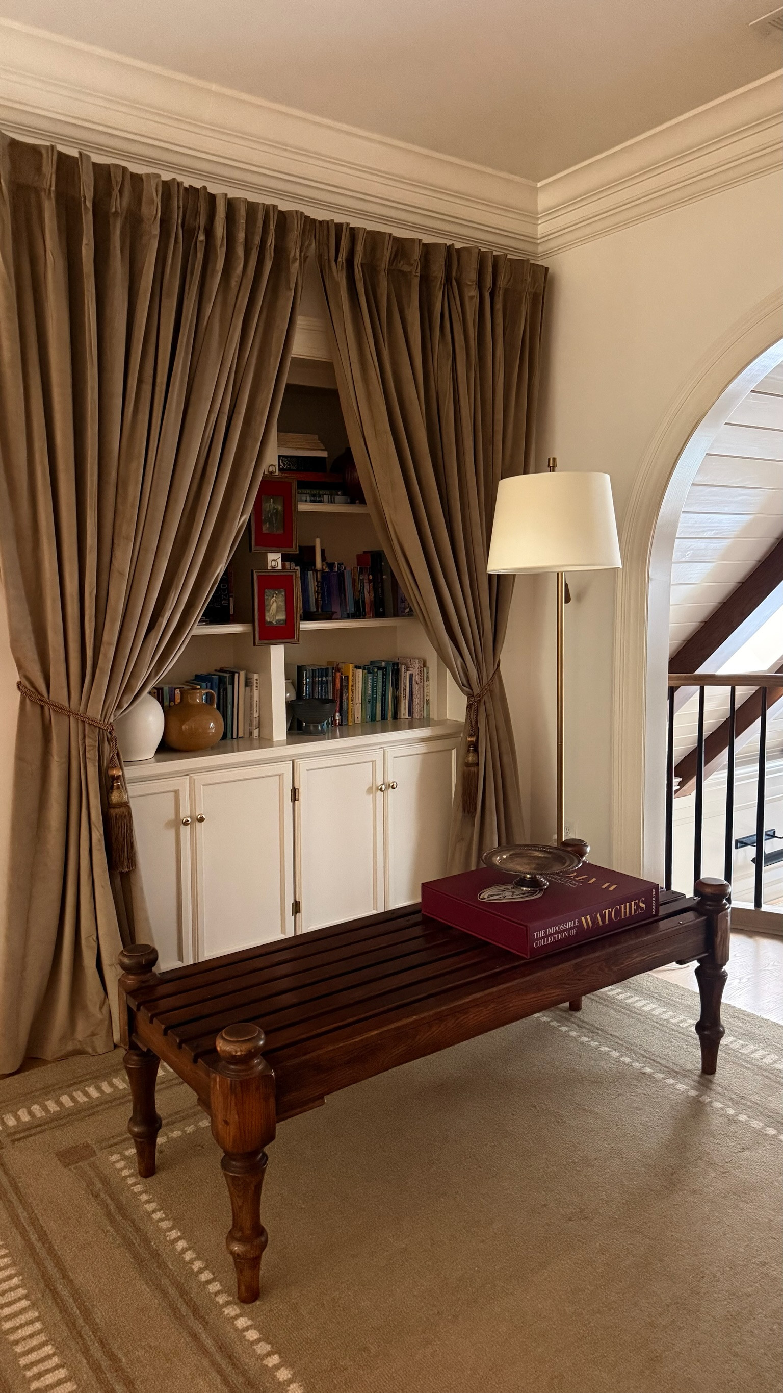 Our mini project in the upstairs landing - adding curtains to the bookshelves. Bench is vintage Ralph Lauren, linked a similar option for you.

#LTKHome