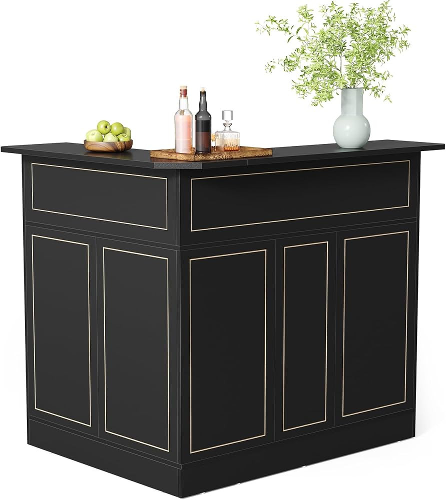 LITTLE TREE Black Bar Cabinet, 4-Tier Home Mini Bar Cabinet with Stemware Rack, Freestanding Wood... | Amazon (US)