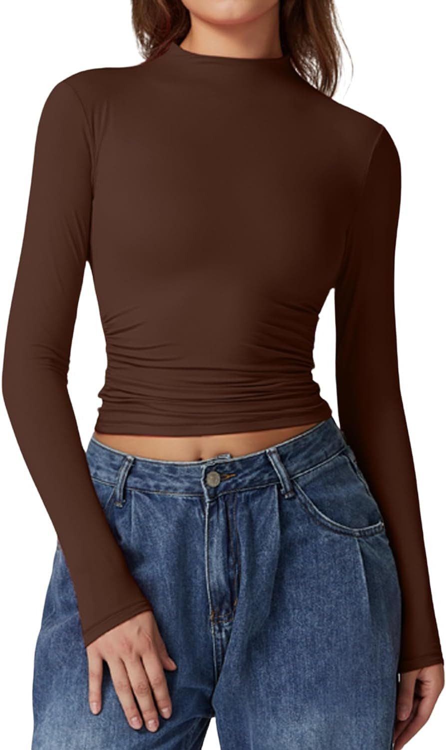 QINSEN Womens Mock Neck Long Sleeve Shirt Double Lined Basic Tees Side Ruched Going Out Crop Tops | Amazon (US)