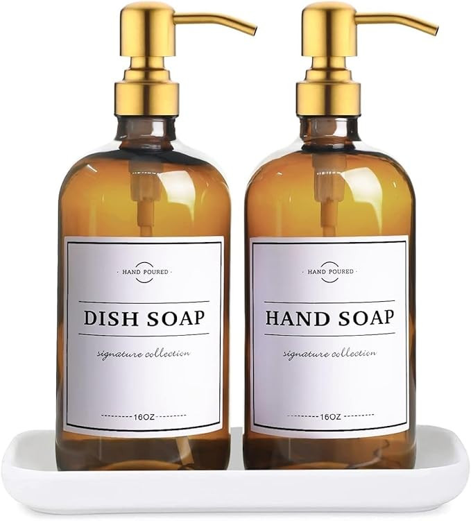 Glass Soap Dispenser with Pump and Tray - Refillable Amber Soap Dispenser Bottles Used for Hand S... | Amazon (US)