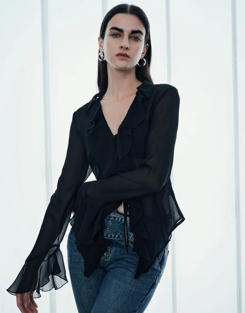 Tie Front Ruffle Lapel Shirt | Urban Revivo