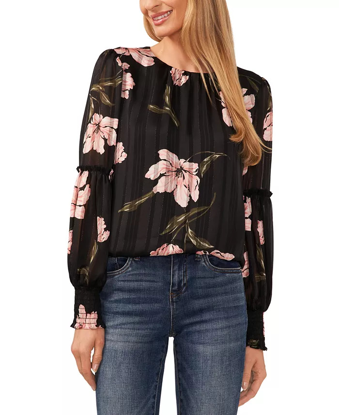 CeCe Women's Metallic Floral Print Ruffled Blouson Sleeve Top - Macy's | Macy's