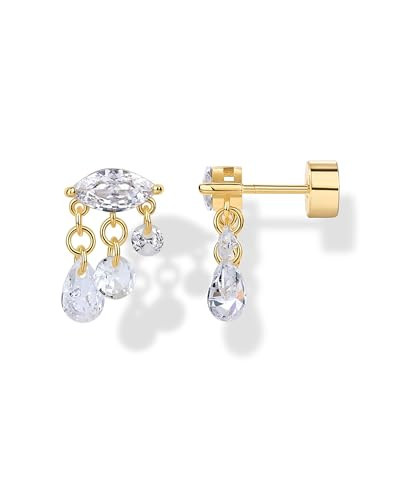 PAVOI 14K Yellow Gold Plated Sentimental Dangle Flat Back Earrings for Women with Marquise Cubic Zirconia | Helix and Cartilage Screw Back Earring Pair | Amazon (US)