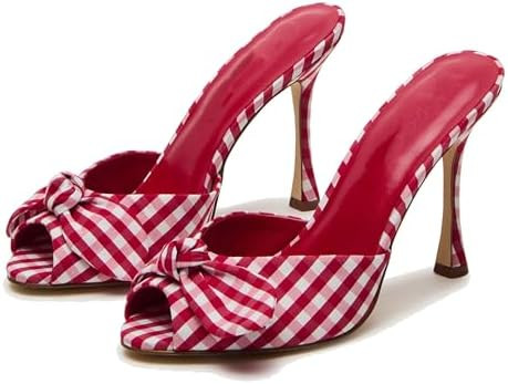 Mule Heels for Women Fashionable Open Toe Slip-On with Plaid Design and Elegant Bow Dressy Party ... | Amazon (US)