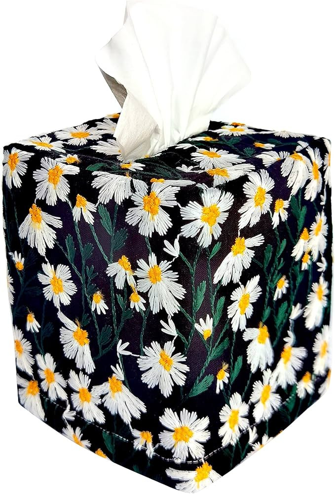Fabric Tissue Box Cover Square, Vintage 3D Daisy Embroidery Linen Tissue Holder, 4.4"X4.4"X5.1", ... | Amazon (US)