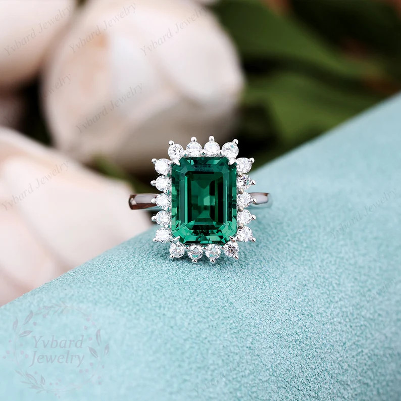 Vintage Emerald Ring,solid 14K White Gold Brilliant 3.85CT Lab Created Green Emerald Engagement R... | Etsy (US)