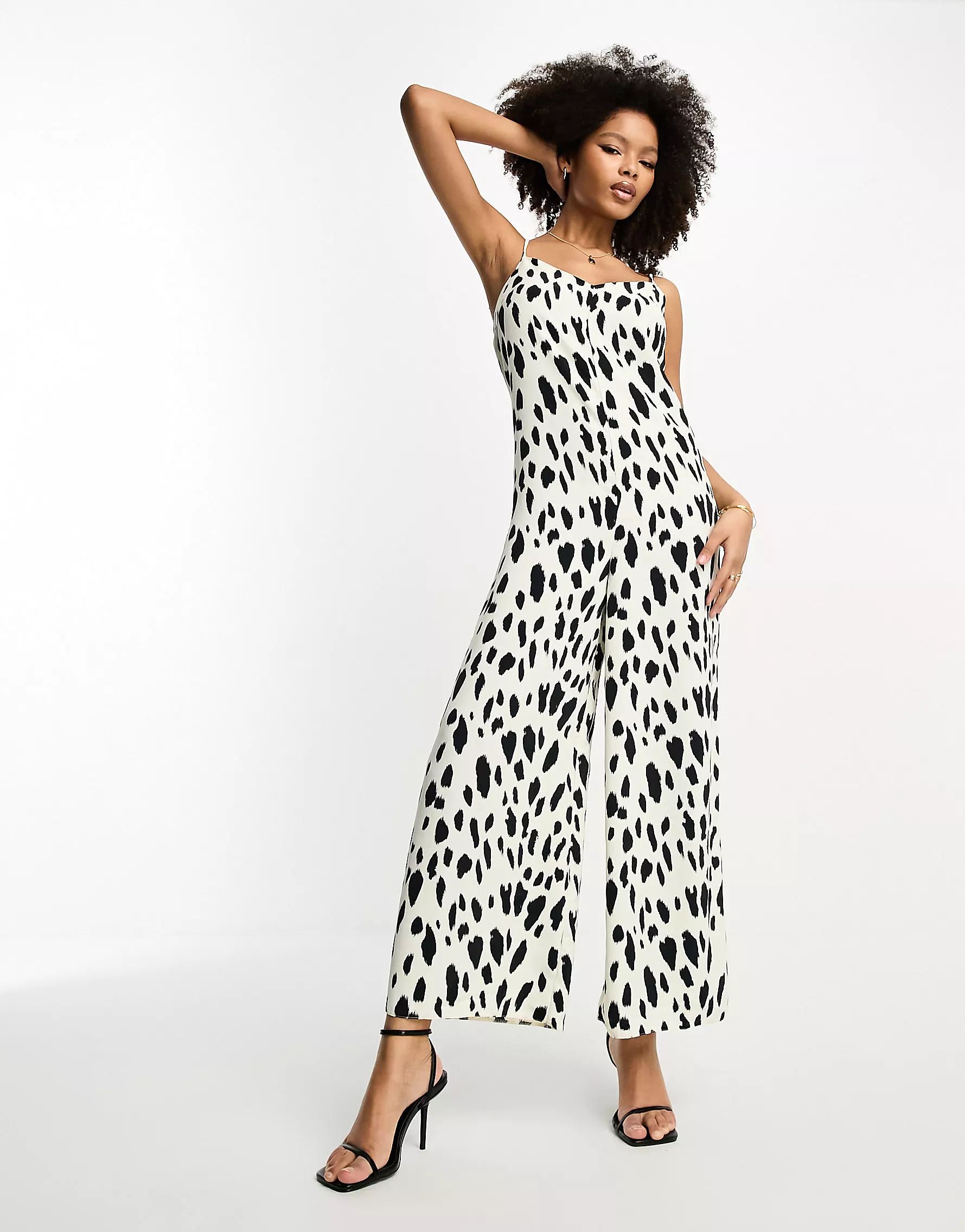 River Island leopard print tie strap wide leg jumpsuit in black and white | ASOS | ASOS (Global)