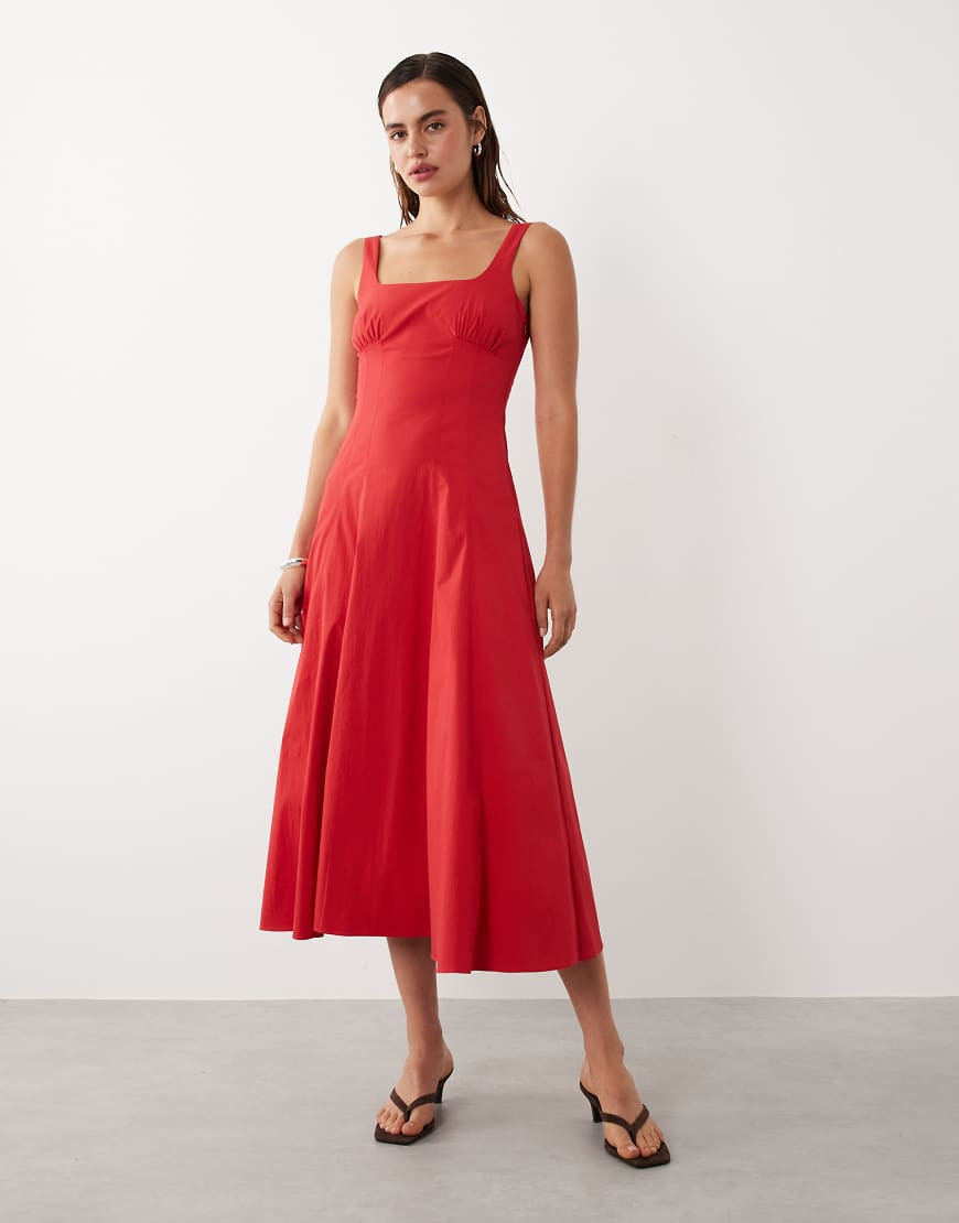 Mango starring Hailey Bieber square neck structured a line maxi dress in bright red | ASOS (Global)
