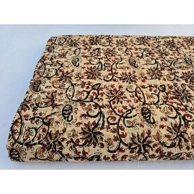 Kantha Quilt Handblock Print Indian Netural Colour floral print Quilt Hand Stitched Natural veget... | Walmart (US)