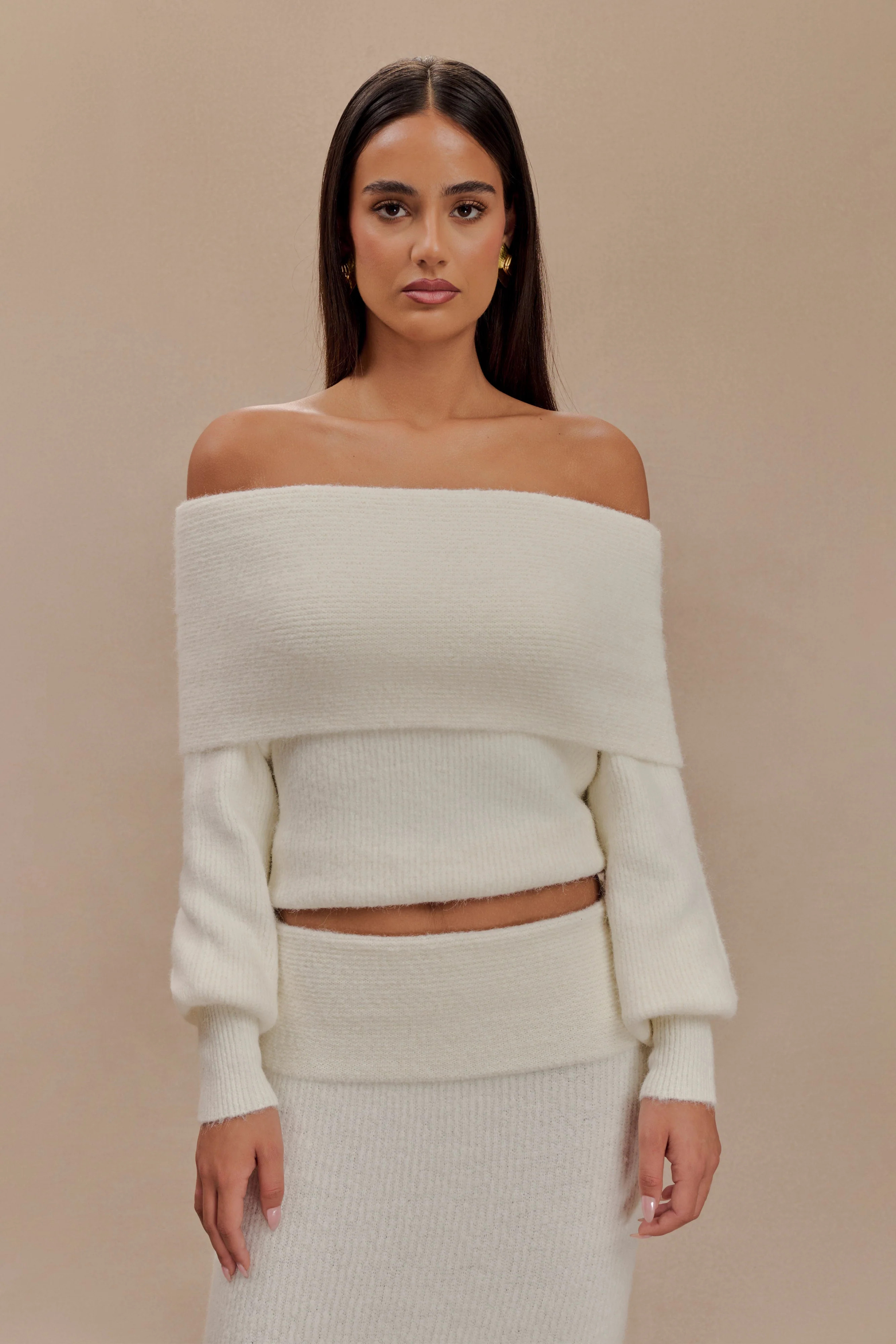 Charlotte Off Shoulder Knit Long Sleeve Top - Ivory | MESHKI US