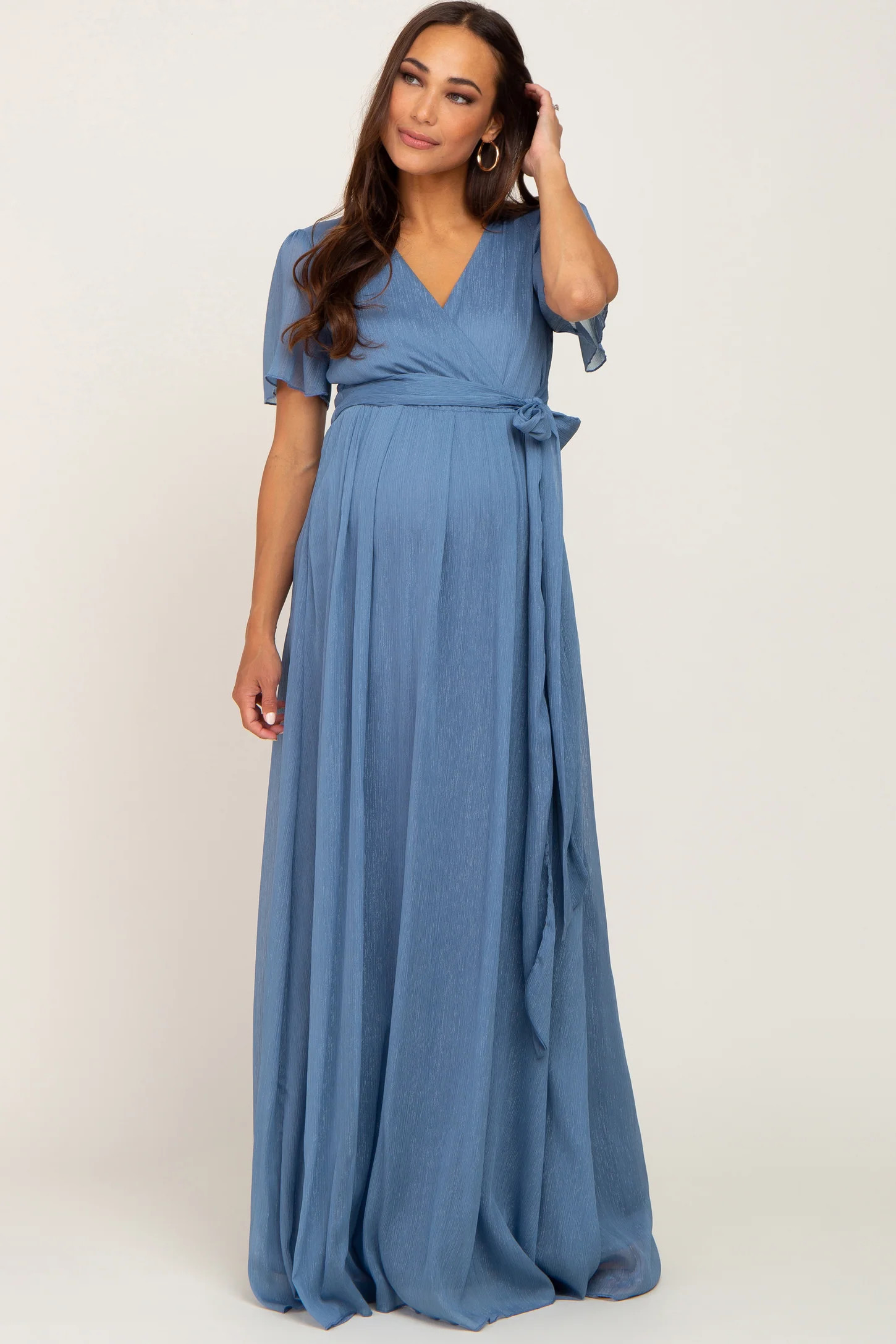 Blue Metallic Shimmer Chiffon Maternity Maxi Dress | PinkBlush Maternity
