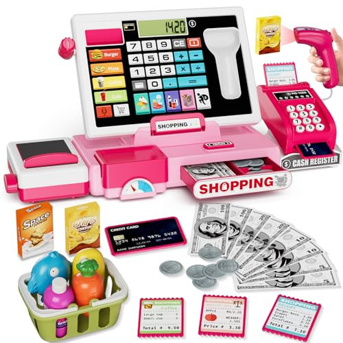 HYES Kids Cash Register Toy Playset with Real Calculator, Toddler Pretend Play Store incl Scanner/Credit Card/Play Money/Conveyor/Food Toys, Learning Toys Gifts for Girls Ages 4-8 8-12, Pink | Amazon (US)