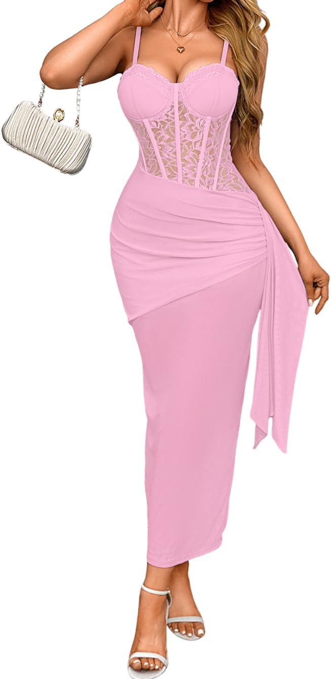 Women's Sexy Lace Bustier Maxi Dress, Built-in Bra Underwire Corset Bodycon Clubwear Festival Outfits | Amazon (US)
