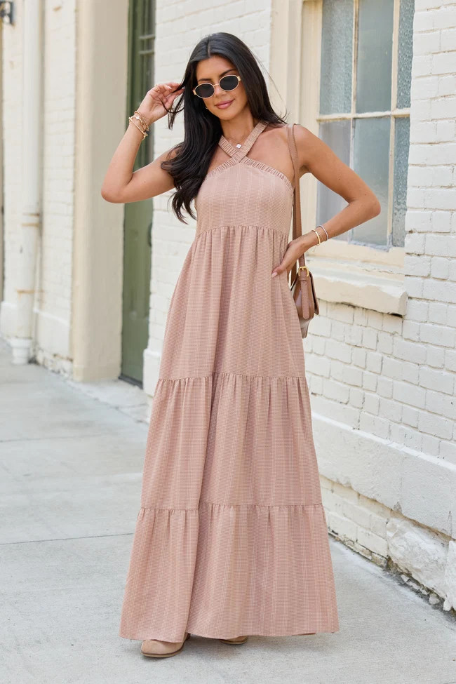 Crystal Taupe Halter Maxi Dress | Pink Lily