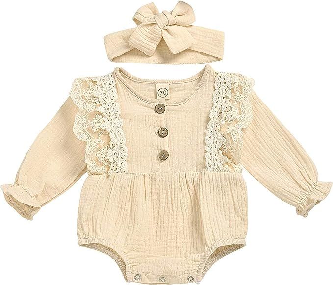 HZYKOK Toddler Baby Girl Clothes Onesie Romper Ruffle Long Sleeve One Piece Jumpsuit with Bow 0-2... | Amazon (US)