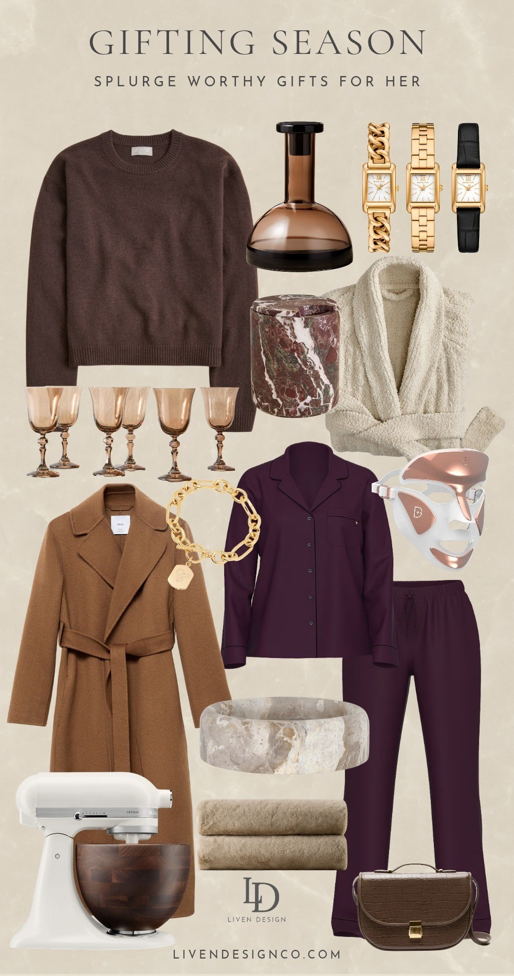 Splurge worthy gifts for her. Christmas gift guide. Gift ideas. Xmas gifts. Gift for mom. Sister. Girlfriend. Daughter. Sister. BFF. Cashmere sweater. Robe. Homebody gifts. Glassware. Red light mask. Wool coat. Wine chiller. Host gift. Decanter. Watch. Charm bracelet. Pajamas. Leather handbag. Throw blanket 

#LTKGiftGuide #LTKHoliday #LTKSeasonal