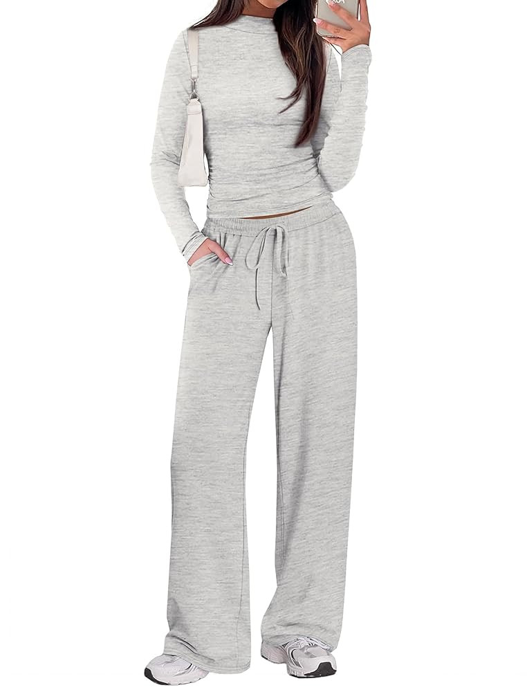 SAMPEEL Two Piece Lounge Set for Women 2 Piece Fall Outfits 2025 Mock Neck Ruched Tops Wide Leg P... | Amazon (US)