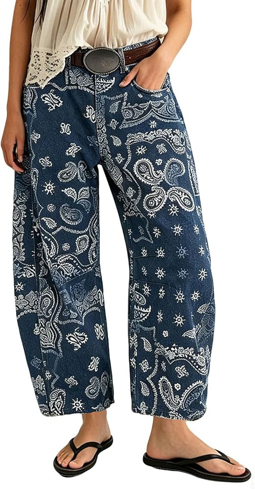 loveimgs Women Boyfriend Baggy Barrel Jeans Floral Print Denim Ankle Pants Wide Leg Mid Rise Jean... | Amazon (US)